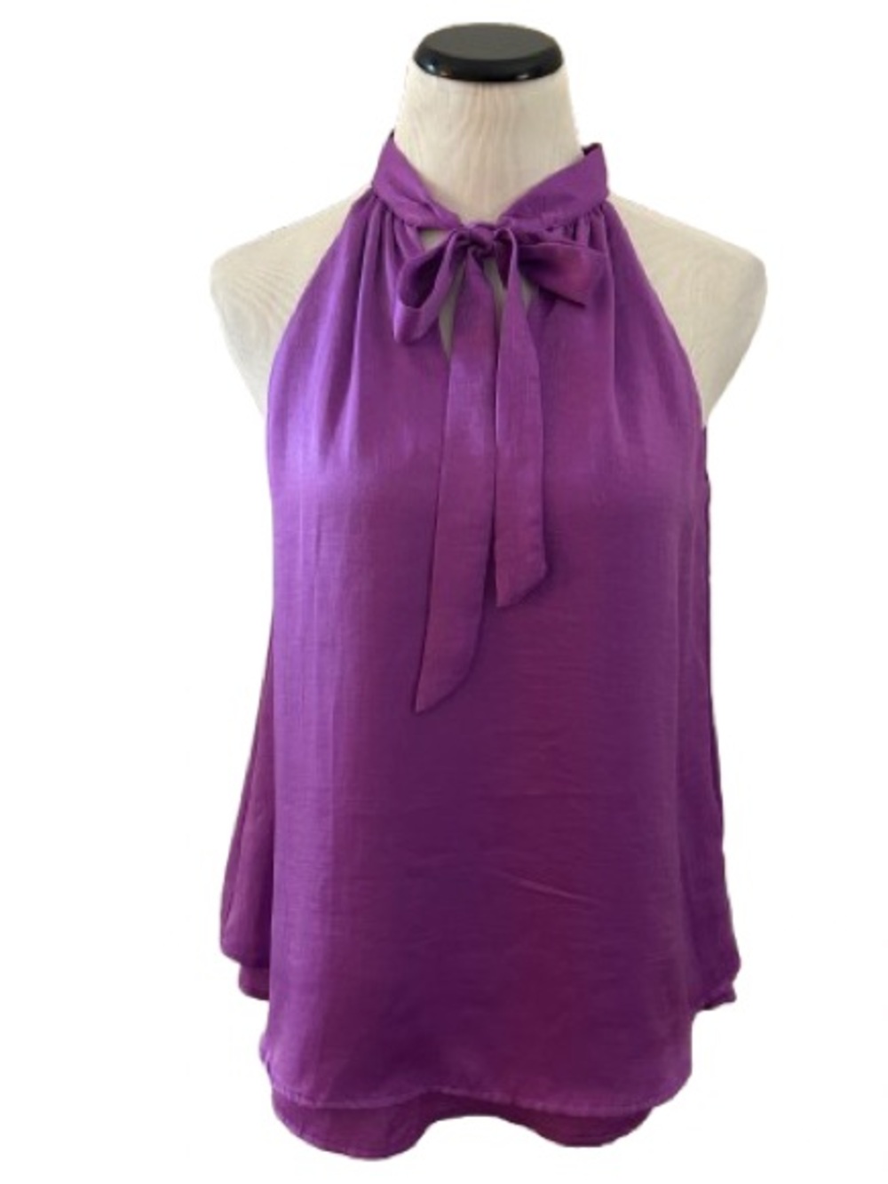 EUC Como Black Purple Satin Tie-Neck Halter Cutout Top. Size M.